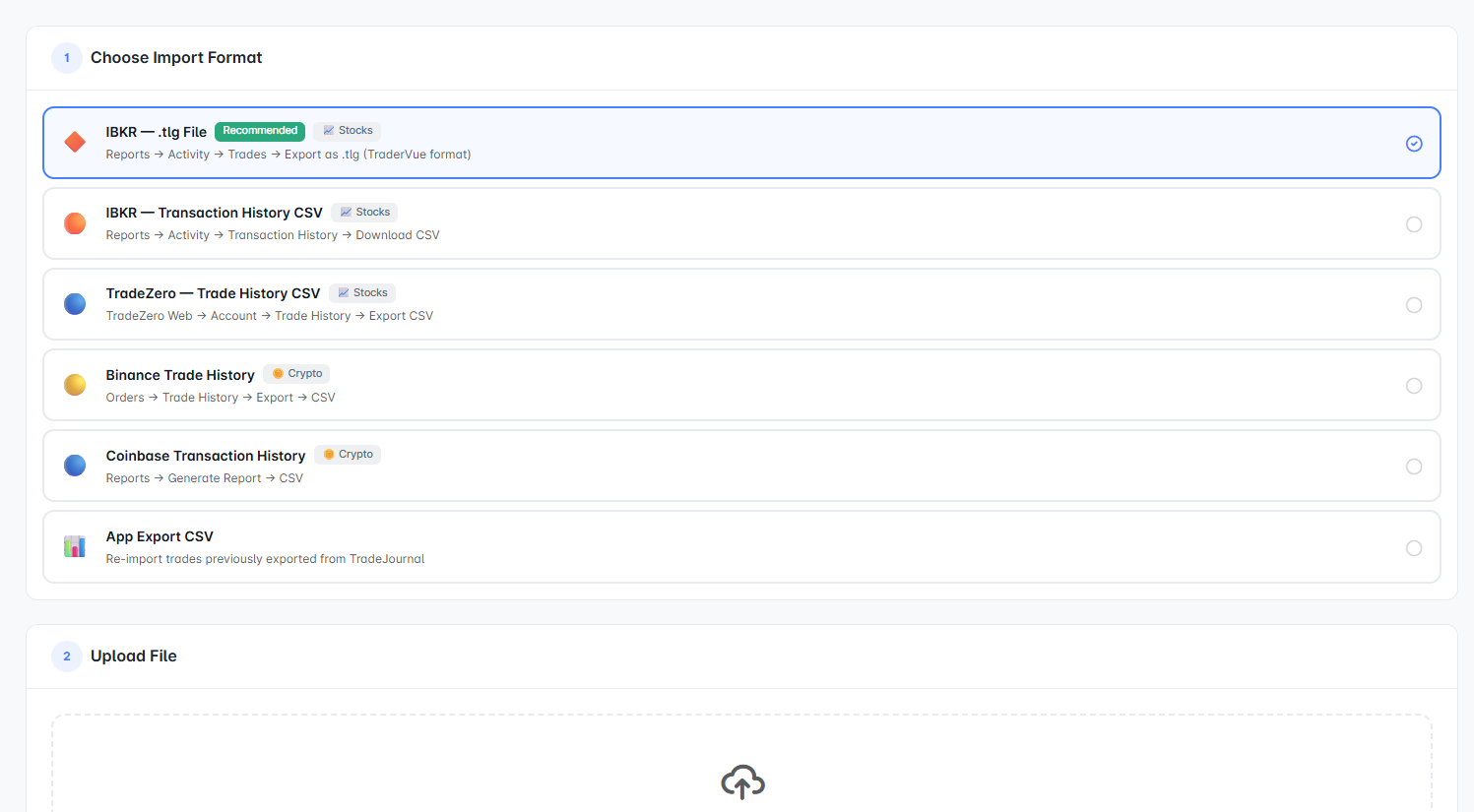 SpotTradeJournal import format selection screen with IBKR .tlg selected