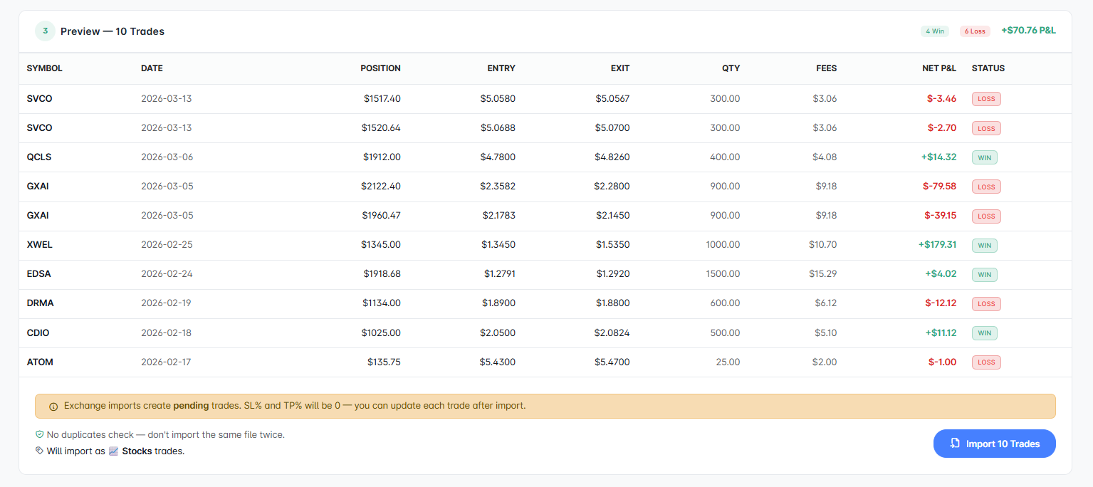 SpotTradeJournal import preview showing 10 trades with P&L